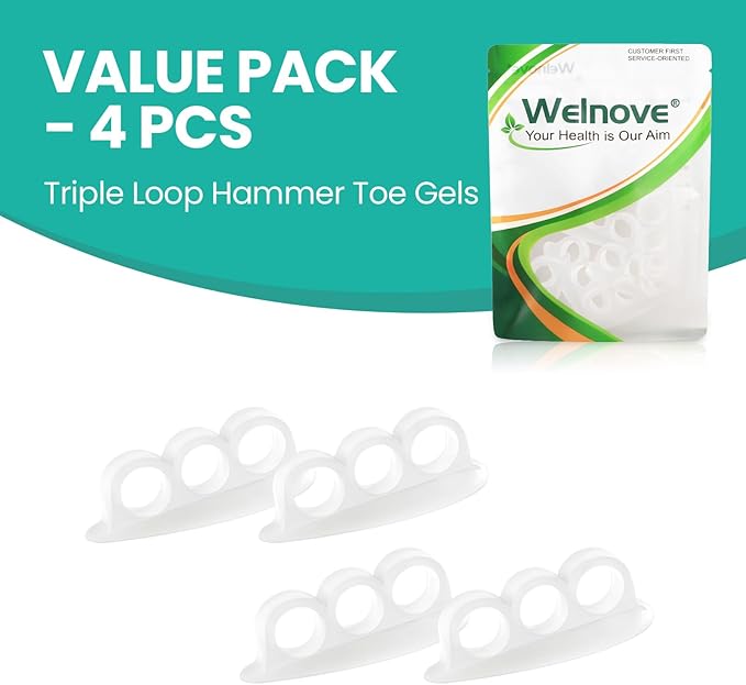 Welnove Hammer Toe Crests Straightener 4 Pcs Gel Toe Support Pads Cushion Relief for Overlapping-Curled-Hammer-Claw Toes, 3 Loop Design, Clear