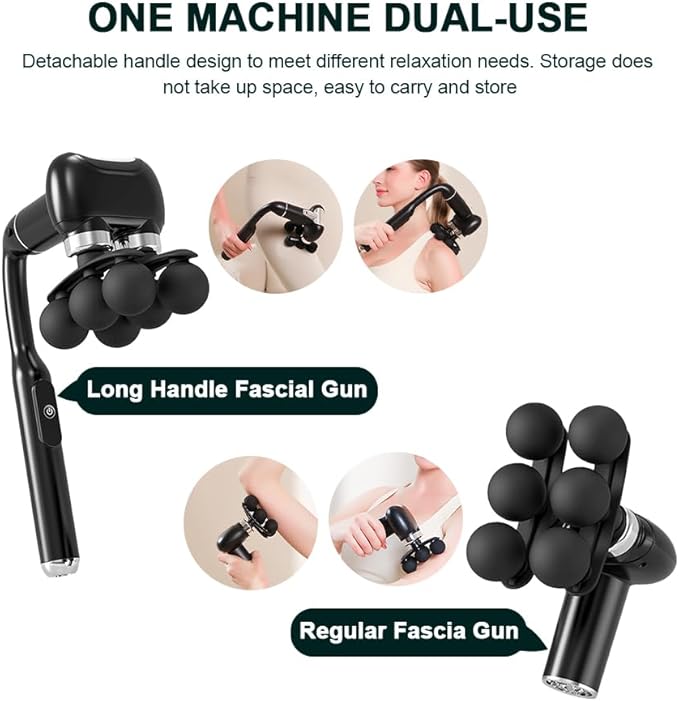 IeBilif Massage Gun with Extension Handle, Handheld Foot Back Neck Shoulder Massager with 6 Adjustable Speeds & Modes and 5 Replaceable Heads for Gym & Home Use, Birthday Gifts for Men