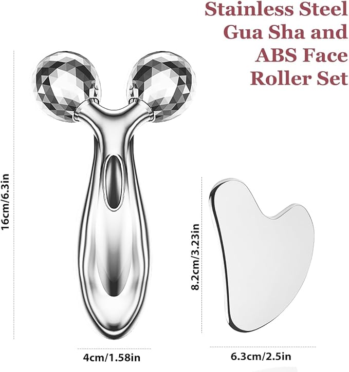 Stainless Steel Gua Sha and Face Roller Set, Facial Tool for Face Sculpting, Metal Skin Care, Massager for Women