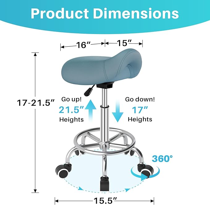 YEEZEE Saddle Stool Ergonomic- Comfortable Rolling Saddle Stool with Wide Thick Saddle Seat Padding, Swivel Adjustable Saddle Chair with Wheels and Ring Pedal for Medical Massage Salon (Blue)