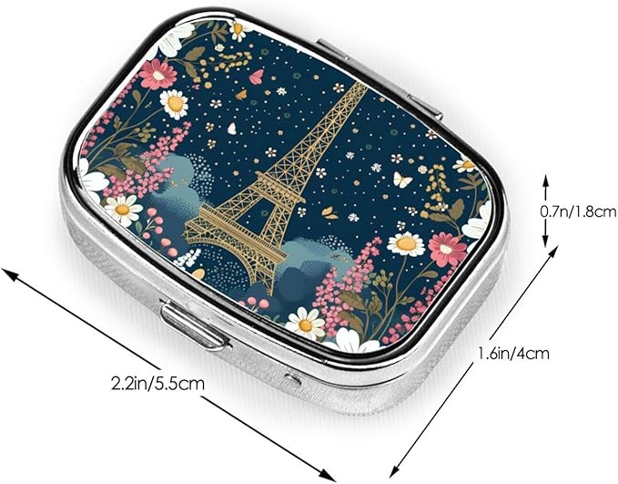 Paris Tower Flower Pill Box with Mirror 2 Compartment Metal Square Small Pill Case for Purse Pocket Portable Pill Container Holder Travel Medicine Organizer for Vitamin Fish Oil Supplement