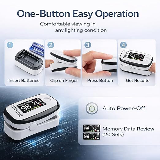 Pulse Oximeter Fingertip, Blood Oxygen Saturation Monitor with 20 Memories, Brightness&Alarm Ajustable(Batteries Lanyard Include)