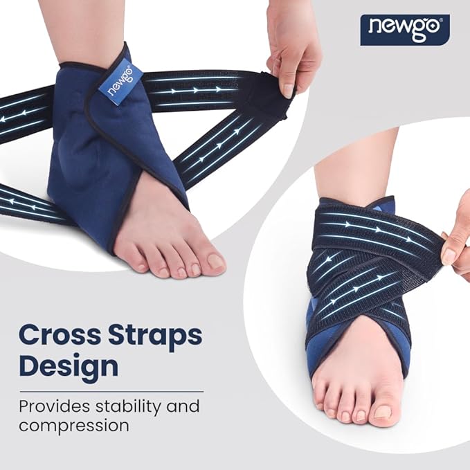 NEWGO Gel Ice Pack Wrap for Ankle & Foot - Reusable Hot and Cold Therapy Wrap for Pain Relief, Swelling, Plantar Fasciitis, Achilles Tendonitis & Sprains - Adjustable Compression Brace (1 Pair)