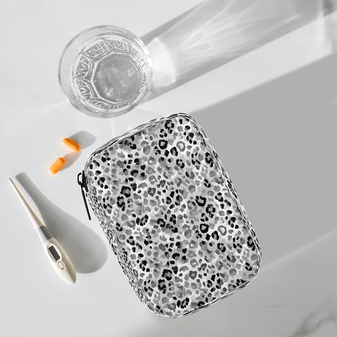 Grey Leopard Print Pill Case Everyday Travel, 7 Day Weekly Medicine Pill Box Compact Portable Pills Bottle Organizer with Zipper for Daily Vitamin Medicine Holder Bottle Organizers Bag