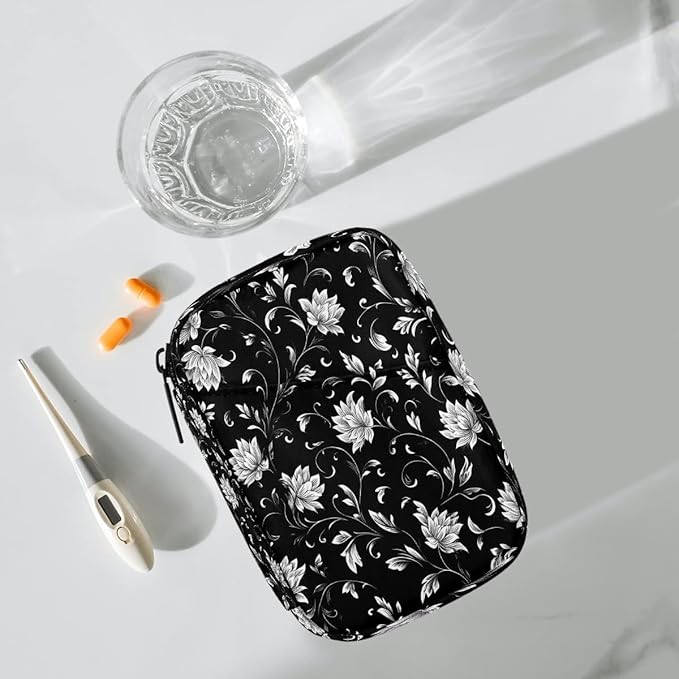 Floral Black Retro Pill Case Everyday Travel, 7 Day Weekly Medicine Pill Box Compact Portable Pills Bottle Organizer with Zipper for Daily Vitamin Medicine Holder Bottle Organizers Bag