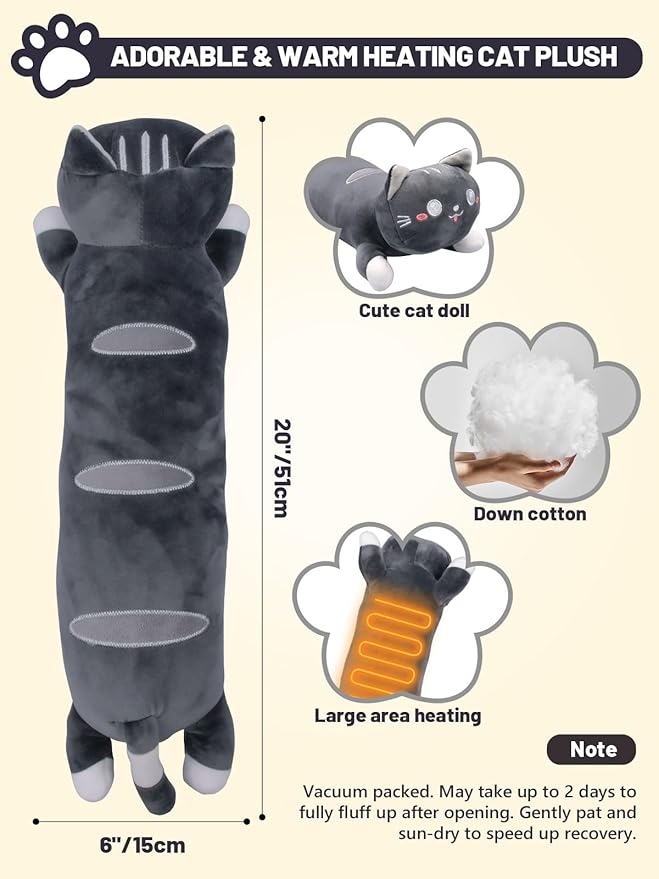 20" Grey Cat Heating Pad for Period Cramps USB Portable Electric 5 Heat Settings 5 Timer Modes Auto Shut Off Plush Stuffed Animal Warmer for Neck Back Pain Relax for Women Kids
