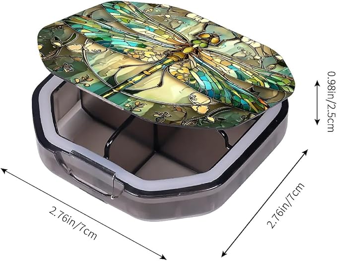 This Portable Vintage Stained Glass Dragonfly Pattern 4-Compartment Pillbox Can Be Placed in A Pocket Or Wallet to Store Vitamins, Medicines Fish Oil Health Supplements Other Medications.