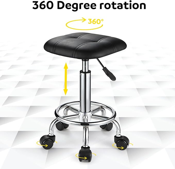 Square PU Cushion Rolling Stool with Wheels Height Adjustable Swivel Stools Office Chair Black