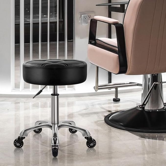 Heavy Duty Rolling Stool with Wheels Hydraulic Swivel Adjustable Rolling Stool Ergonomic Thick Leather Round Seat Chair for Kitchen Drafting Lab Office Salon Message Stool – Black