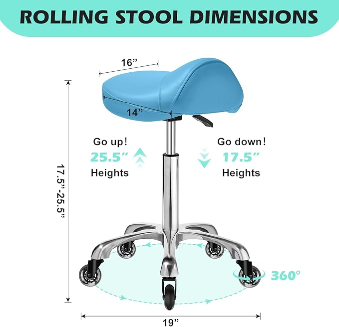 Saddle Stool with wheels Ergonomic - Heavy Duty 400lbs, Upgraded Thick Saddle Cushion, Healthy Posture Correction, Swivel Adjustable Rolling Saddle Stool, Saddle Chair for Salon Massage Home (Blue)