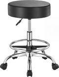 VEVOR Rolling Stool with Foot Rest and Wheels, 450 LBS Weight Capacity Round Rolling Stool Chair, Height Adjustable Thickened PU Leather Swivel Stool for Salon, Spa, Massage, Tattoo, Clinic, Black
