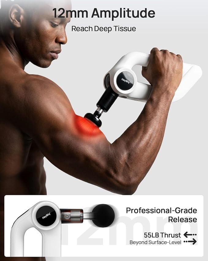 Massage Gun Deep Tissue with Heat Therapy, 12mm Amplitude Muscle Massager for Athletes, 5 Speeds & 4 Modes Massager Gun for Neck Back Shoulder Leg Pain Relief - Perfect for Men, White