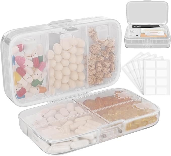 FYY Weekly Pill Organizer with Labels,8 Compartments Travel Daily Pill Case Airtight Moistureproof Large Pill Box to Hold Vitamins, Fish Oil, Supplements,Cotton Swab and Bandages-Clear