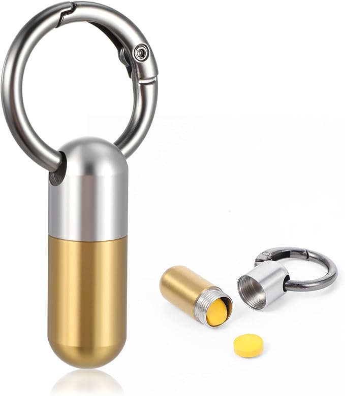 Small Pill Case Keychain Tiny Portable Carabiner Clip Pill Holder Bottle Micro Waterproof Metal Pill Container Mini Emergency Medicine Organizer (Gold and Silver)
