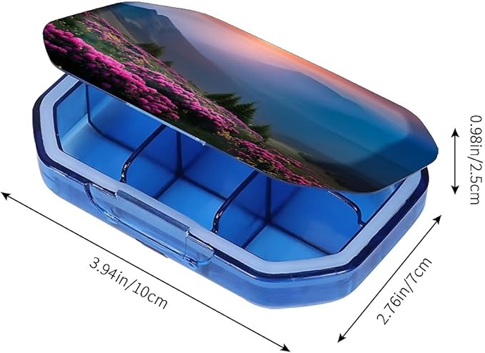 This Portable Pink Rhododendron Sunset Pattern 6-Compartment Pillbox Can Be Placed in A Pocket Or Wallet to Store Vitamins, Medicines Fish Oil Health Supplements Other Medications.