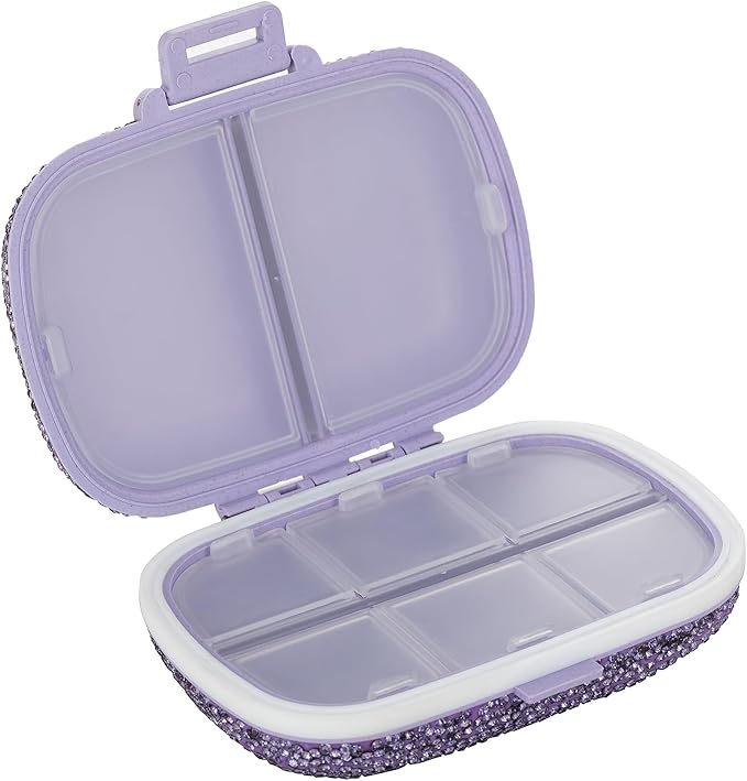 Bling Travel Pill Organizer Cute Pill Box with Labels Rhinestone Pill Case for Purse Portable Daily Pill Container 7 Day Medicine Holder for Vitamin Supplement(Purple)