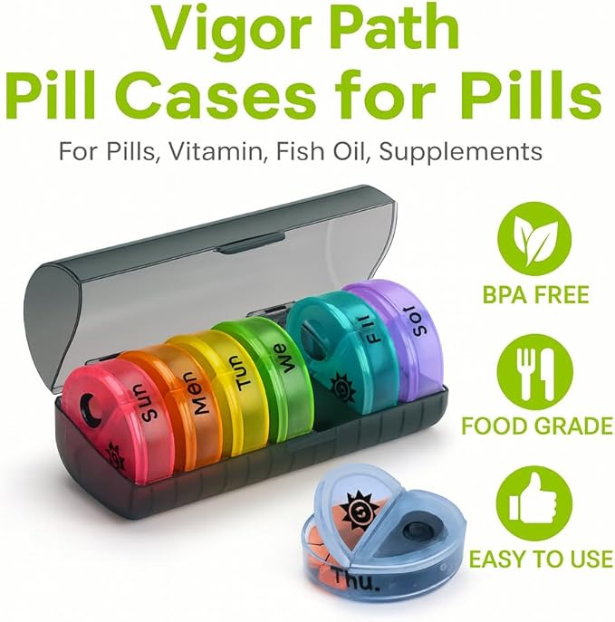 VIGOR PATH 7-Day Pill Organizer with Two Compartments Per Day, Ideal for Pills/Vitamins/Fish Oil/Supplements Storage, BPA-Free and Easy to Clean (Black - Colorful)
