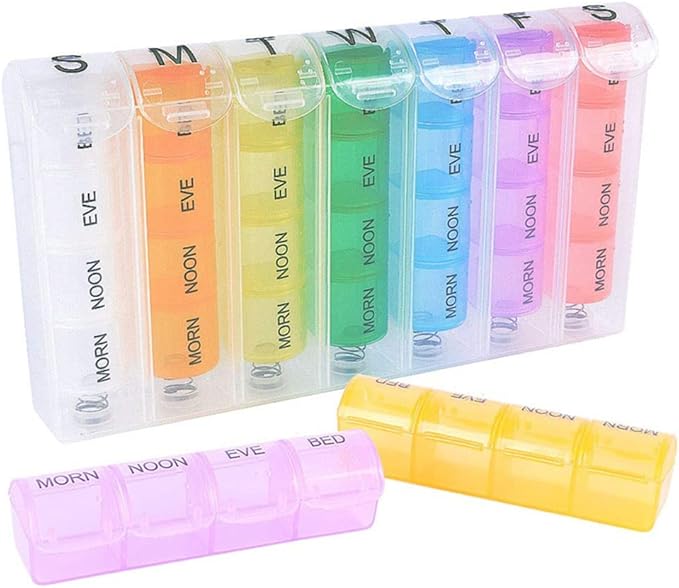 Extra Large Weekly Pill Organizer 4 Times a Day, 7 Day Pill Box, Daily Pill Case with 28 Compartments, Portable Travel Container for Fish Oils, Vitamins, Medication (Multicoloured)