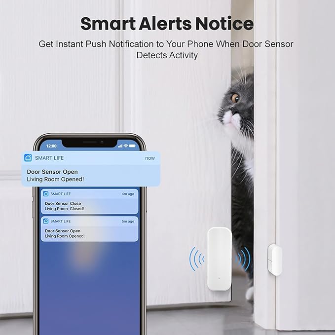 WiFi Door Sensor: Wireless Window Sensor with App Alerts, Tuya Smart Contact Sensor for Home Security and Smart Home Automation, No Hub Required, Compatible with Alexa Google Assistant(4-Pack)