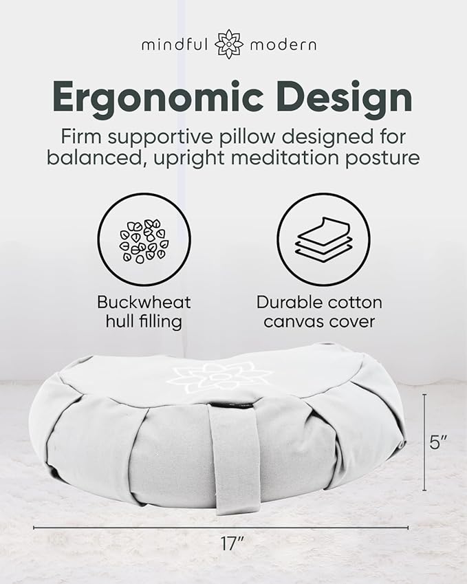 Mindful & Modern Large Meditation Cushion | Zafu Yoga Bolster Meditation Floor Pillow Seat | Buckwheat Hull Filled Crescent Shaped Cushion with Removable Washable Cover + Carry Handle | White