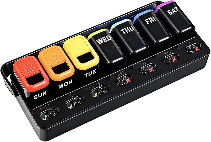 Weekly Pill Organizer with Taken/Untaken Tracker – Never Forget or Double-Dose Your Medication, Large Daily Compartments for Vitamins & Supplements, Vitamin, Black