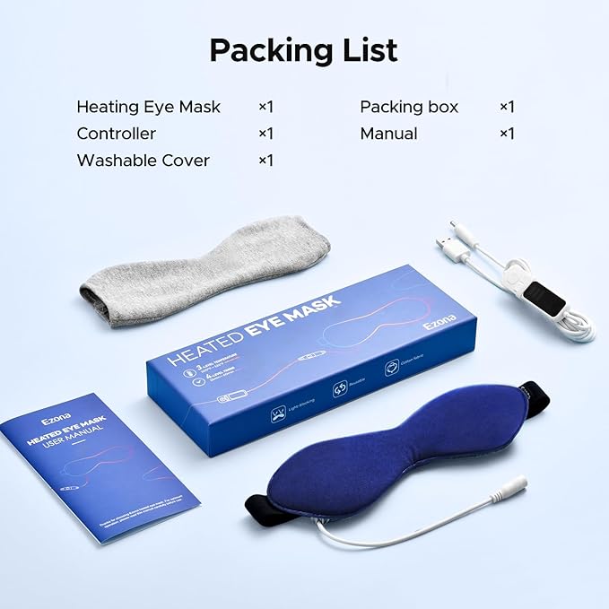 Ezona Heated Eye Mask, Warm Eye Compress Mask for Dry Eyes, USB Electric Eye Heating Pad with Temperature & Timer Control, Dry Eye Mask for Blepharitis, Sinus Migraine (Indigo)