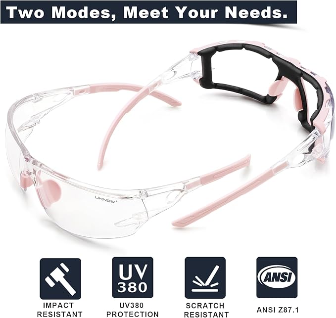 UKNOW Photochromic Safety Glasses, Scratch Resistant Wraparound Lenses, Removable Foam Gasket, ANSI Z87.1 Protective Eyewear