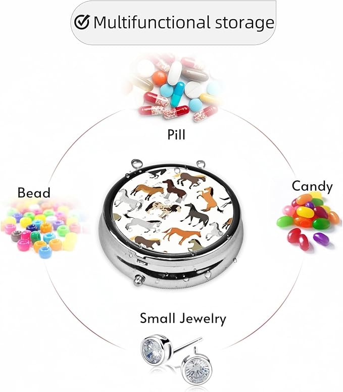 3 Compartment Travel Pill Case, Sealed Portable Pill Container Mini Size Metal Pill Box for Pocket Purse, Three Times a Day Pill Organizer for Children, Men and Women - Art The Horse