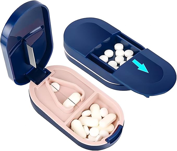 Pill Cutter, Pill Cutter with Pill Dispenser, Pill Splitter with Stainless Steel Blade, Pill Crusher, Portable Pill Box for Vitamins, Pills, Tablets