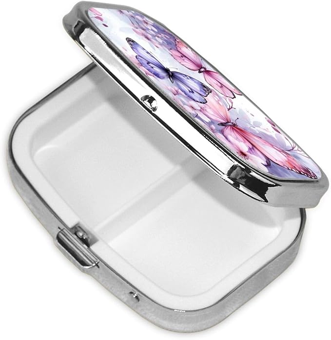 Watercolor Butterfly Flowers Pill Box with Mirror 2 Compartment Metal Square Small Pill Case for Purse Pocket Portable Pill Container Holder Travel Medicine Organizer for Vitamin Fish Oil Supplement