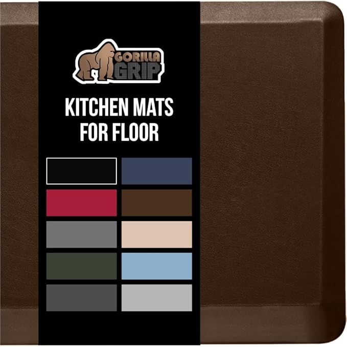 GORILLA GRIP Comfortable Cushioned Kitchen Mats for Floor, 58x20, Waterproof and Stain Resistant Soft Top, 3/4 Inch Thick Ergonomic Standing Desk Anti Fatigue Mat, Foam Supports Ankles and Feet, Brown