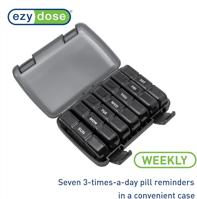 Ezy Dose Weekly (7-Day) Daily Medtime Pill Organizer Case, Vitamin Planner and Medicine Container, Removable Large Pop-Out Individual Compartments, 3 Times a Day, Travel Friendly Black, BPA Free