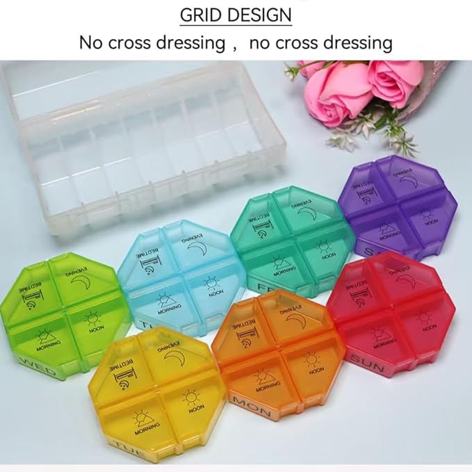 Weekly Pill Organizer 4 Times a Day, Large Pill Dispenser 7 Day with 28 Extra Large Compartments, Portable Travel Pill Box AM PM Morning Noon Evening Bedtime Medication Organizer for Vitamins Fish Oil