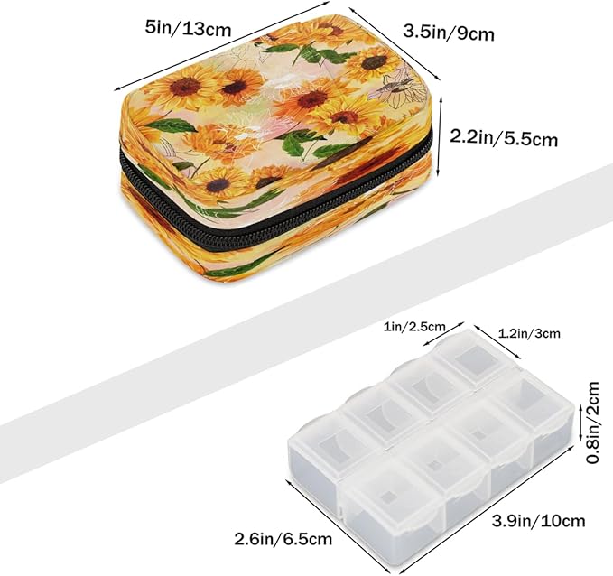 Flower Sunflower Pattern Pill Case Travel Pill Organizer Weekly 7 Day Portable with Zipper Medicine Box Pill Case for Vitamins, Birth Control,Fish Oils,Medication, Supplements