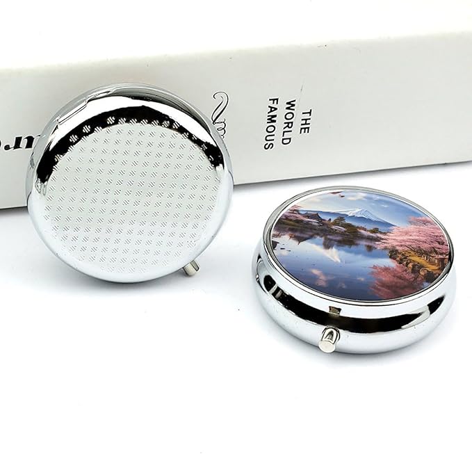 Mount Fuji Cherry Blossom Trees Pill Box Travel Pill Case for Purse Pocket Weekly Medicine Organizer with Mirror 3 Compartment Round Medicine Case Portable PillcaseHolder for Daily