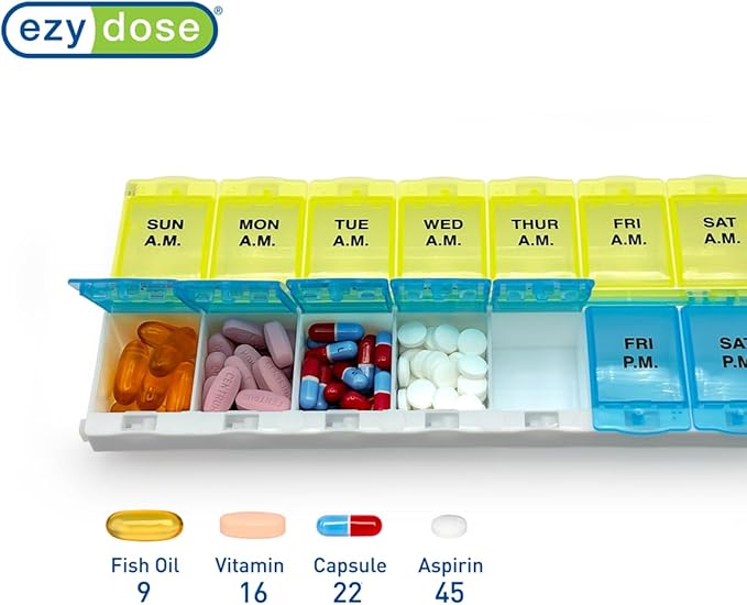 EZY DOSE Pill Organizer Weekly AM/PM (7-Day), Medicine Planner, Vitamin Case/Box, 2X-Large Locking Compartments to Secure Prescription and Prevent Accidental Spilling, Blue and Yellow, BPA Free