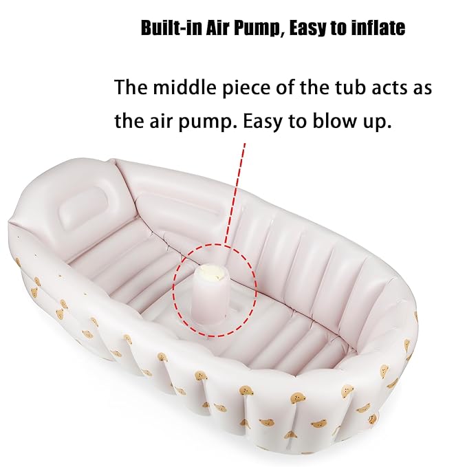 PandaEar Inflatable Baby Bathtub with Integrated Built-in Air Pump - No External Pump Needed, Non-Slip Portable Toddler Bath Tub, Travel-Friendly Foldable Infant Tub for Newborns to 24 Months（Bears）