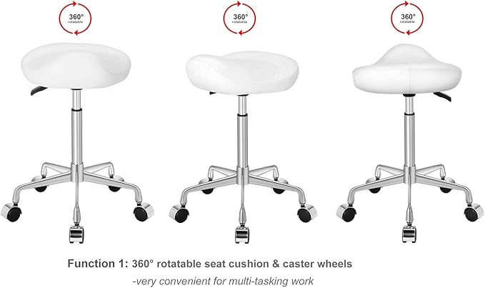 Kaleurrier Ergonomic Rolling Swivel Saddle Stool with Wheels,Hydraulic Pneumatic Lifting Height Adjustable Lightweight Chair for Clinic Hair Salon Massage Lab Kitchen Home Office (White, Without Back)