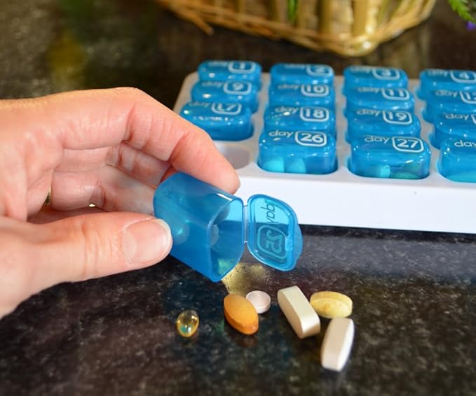 31 Day Monthly Pill Organizer with Pop Out Pocket Pill Pods and Storage Tray for Vitamins, Supplements, Home, Work or Travel - 2 Pack Blue