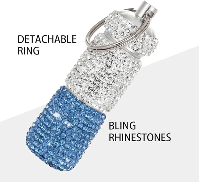 Bling Pill Case Portable Travel Pill Container Bottle Rhinestone Waterproof Small Pill Holder with Keychain Cute Mini Pill Storage Box (white blue)