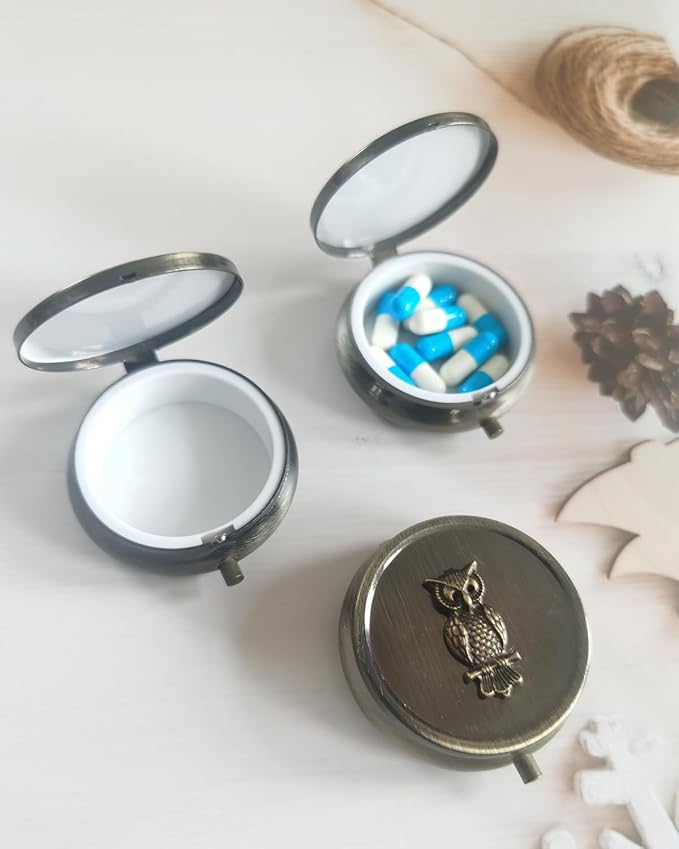 Vintage Metal Pill Box with Owl Design, Round Travel Pill Organizer, Small Bronze Portable Pill Box for Pocket or Purse,Decorative Metal Medicine Vitamin Pill Case Classical