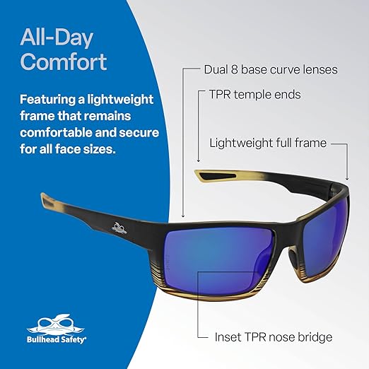 Bullhead Safety Amberjack Polarized Safety Glasses with Performance Fog Technology, Blue Light Glasses with UV Light Protection and Anti-Scratch Coating, Blue Mirror Lenses, Tortoise/Black Frame