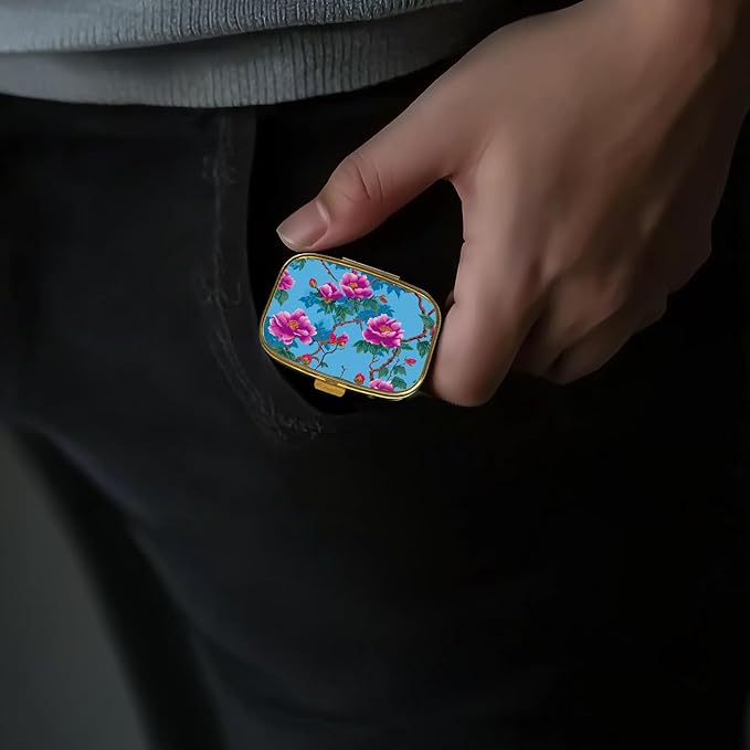Small Pill Box Pill Case with Mirror Retro Pocket 2 Compartment Pill Holder for Purse or Pocket Bronze Portable Medicine Vitamin Container Fish Oil and Supplement Storage BPA-Free(Purple Flower)