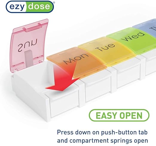 EZY DOSE Weekly 7-Day Pill Planner, Vitamin Organizer and Medicine Case, X-Large Push-Button Compartments for Easy Access, Durable Design with Colorful Rainbow Lids, Perfect for Home and Travel Use