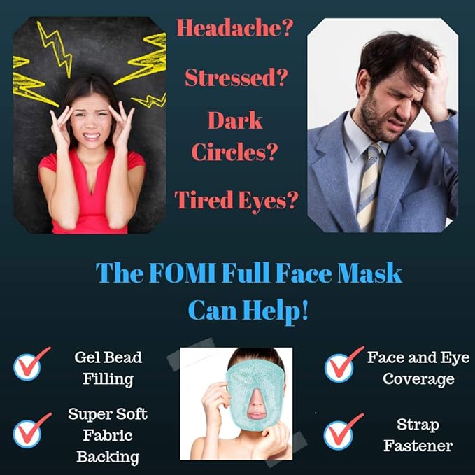 Hot and Cold Therapy Gel Bead Full Facial Mask by FOMI Care | Ice Face Mask for Migraine Headache, Stress Relief | Reduces Eye Puffiness, Dark Circles | Fabric Back (Full Face w/o Eye Holes)