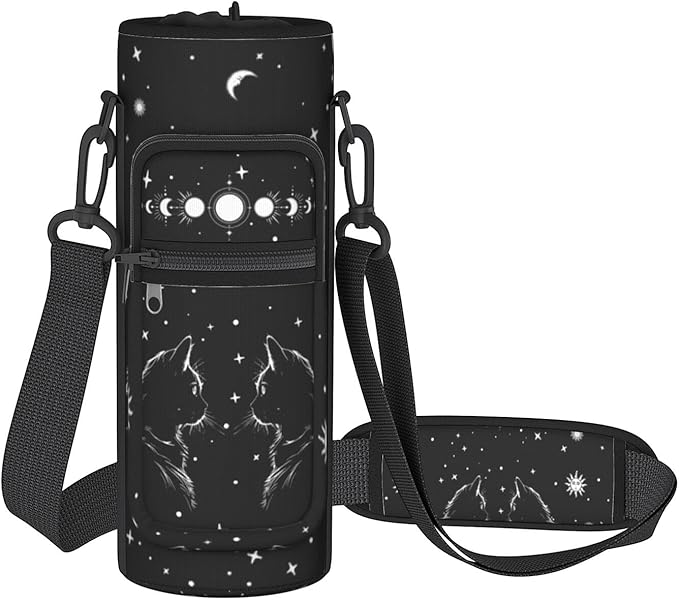 Goth Cat Water Bottle Sling Bag for 25oz/32oz Tumblers,Adjustable Neoprene Water Bottle Carrier Bag,Insulated Carrier with Shoulder Strap & Phone Pocket - Halloween Goth Cat Gifts for Women