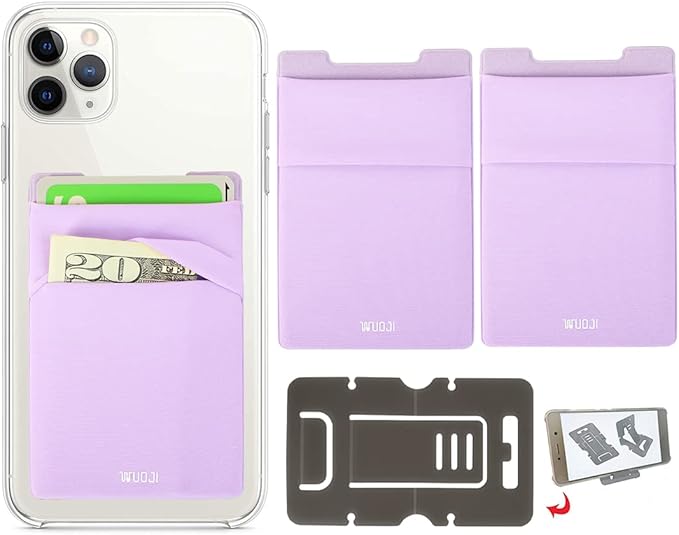 RFID Blocking Phone Card Wallet - Double Secure Pocket - Ultra-Slim Self Adhesive Credit Card Holder Card Sleeves Phone Wallet Sticker All Smartphones (Light Purple)-2PC
