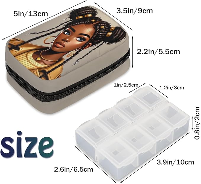 Fashion Glamorous Black Girl Travel Pill Organizer Box Weekly Portable Pill Case Daily Pills 7 Day Small Birth Control Pills Container Removable Compartments for Medicine Vitamins Fish Oil