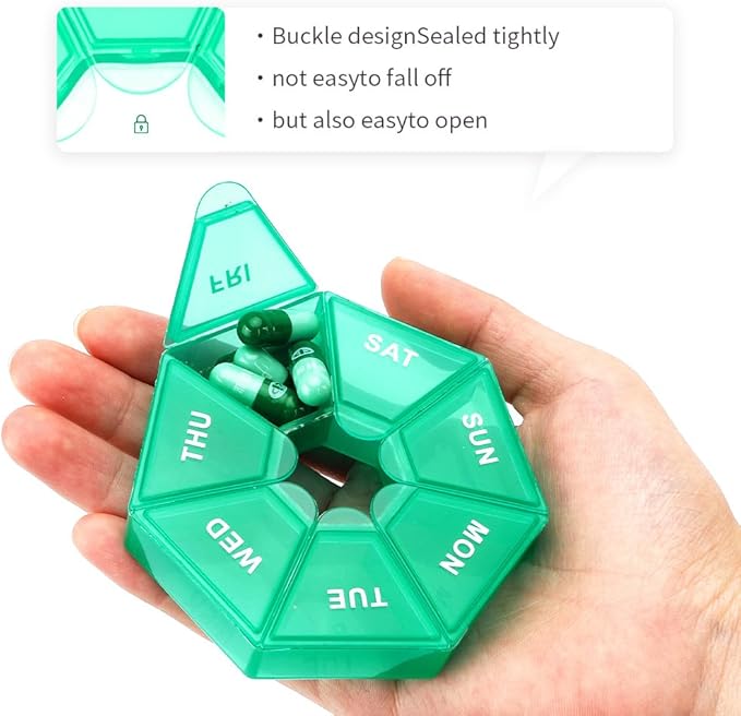Green Daily Pill Organizer - 7 Day, 1 Time a Day, Travel Pill Box with 7 Compartments