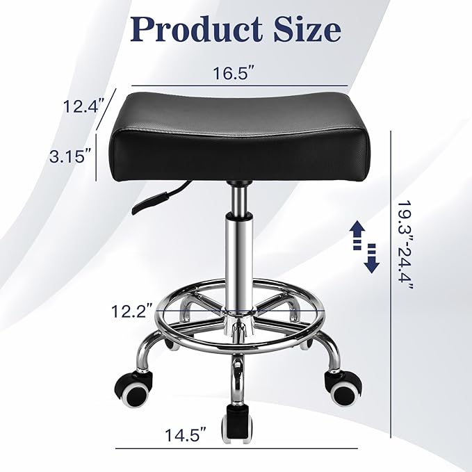 Square Salon Rolling Stool - 300lbs Weight Capacity，Adjustable Swivel Stool with Wheel，Pu Leahter Comfortable Cutting Stools for Salon Tattoo Stylist Massage Perfect for Work SPA (Premium Black)